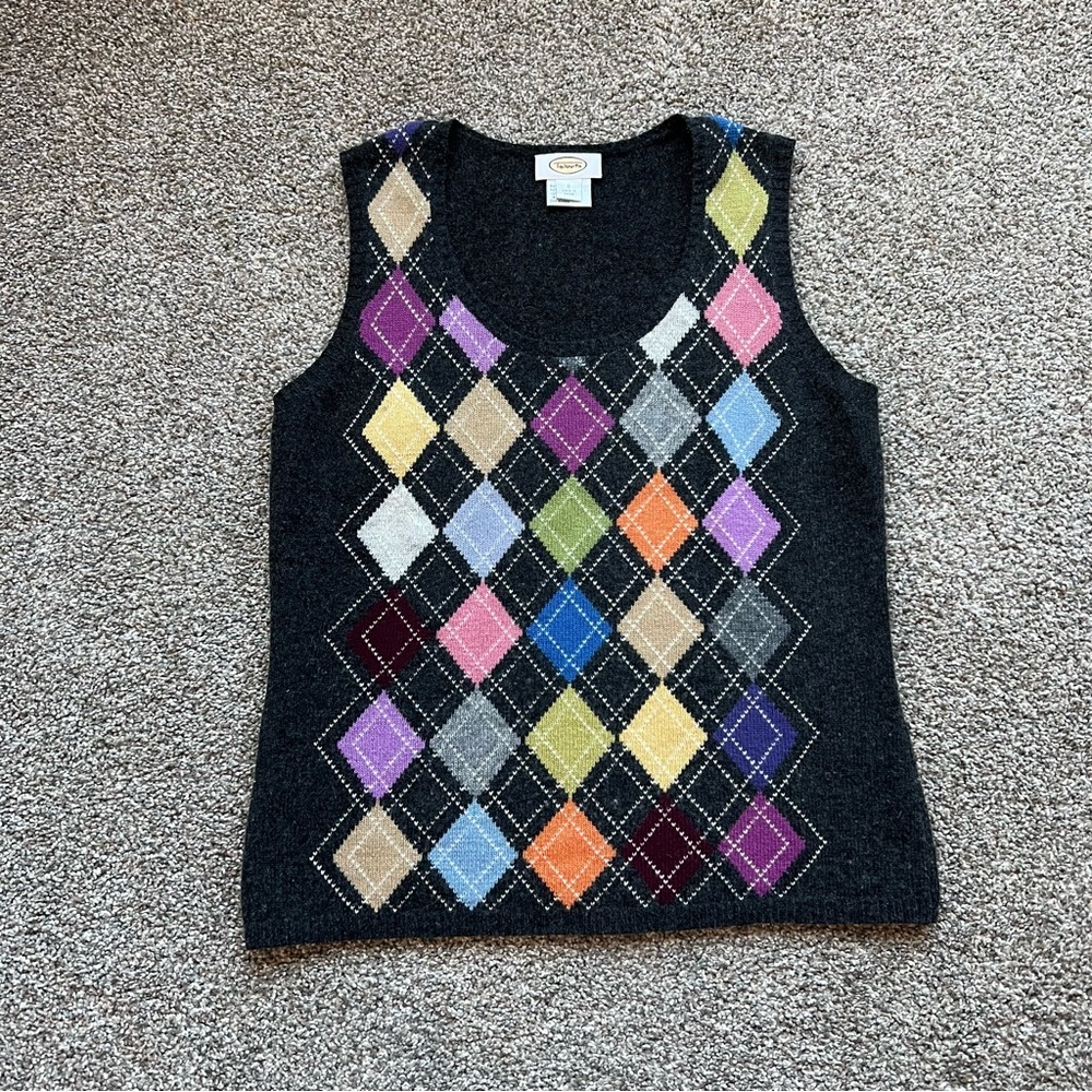 Talbots Charcoal Grey Argyle Lambs Wool Cashmere Blend Sweater Vest, Size Small